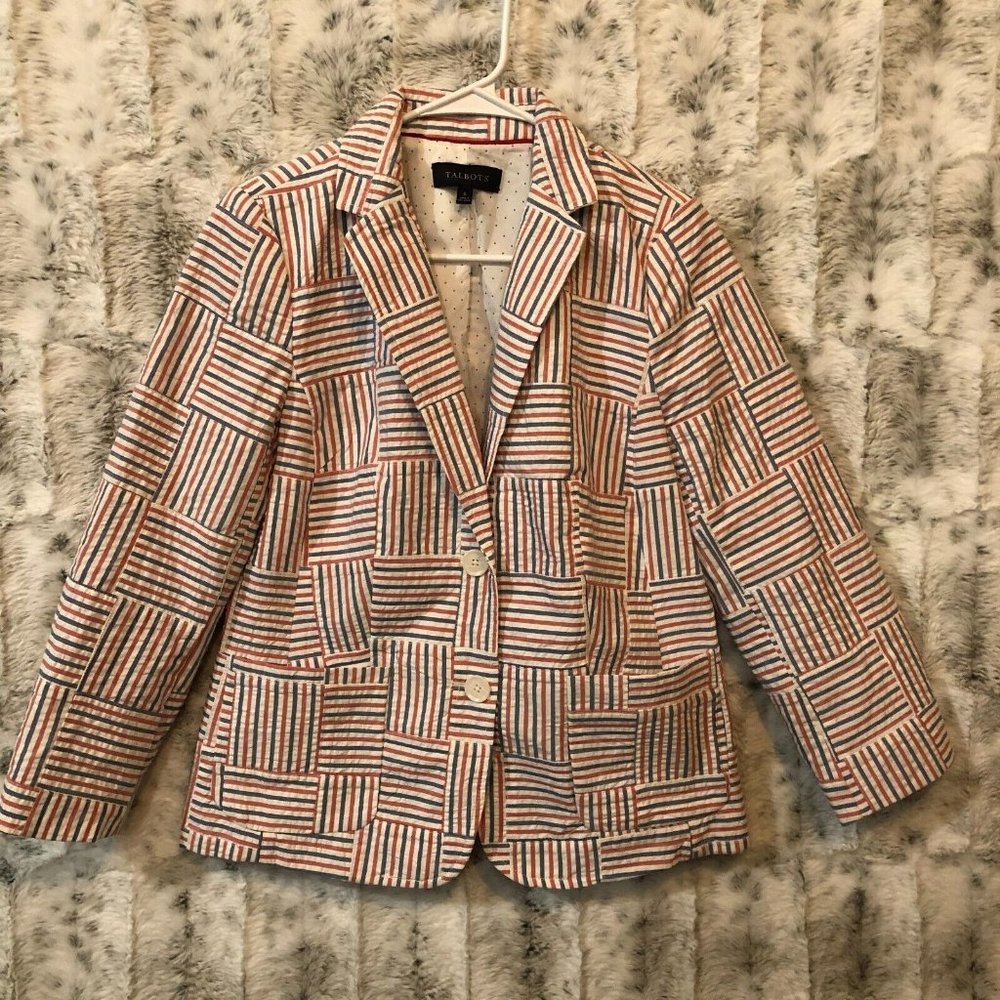 Talbots Size 6 Blazer Jacket Nautical Patriotic Patchwork Seersucker Striped